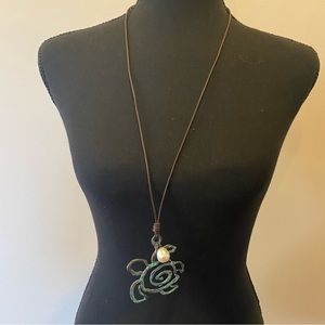 Weathered Metal Pearl Turtle Leather Necklace